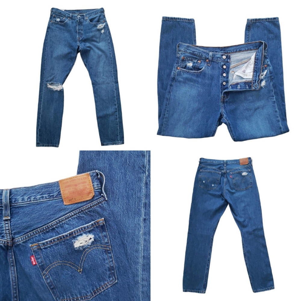 Levi's 501 Skinny Premium Jeans Big "E" Denim Blue Wash Distressed Size 30 hi Ri - Picture 2 of 16
